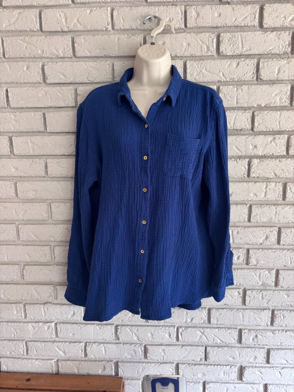 Anne Klein Royal Blue Cotton Gauze Button Down Sleeve Tab Shirt Woman L